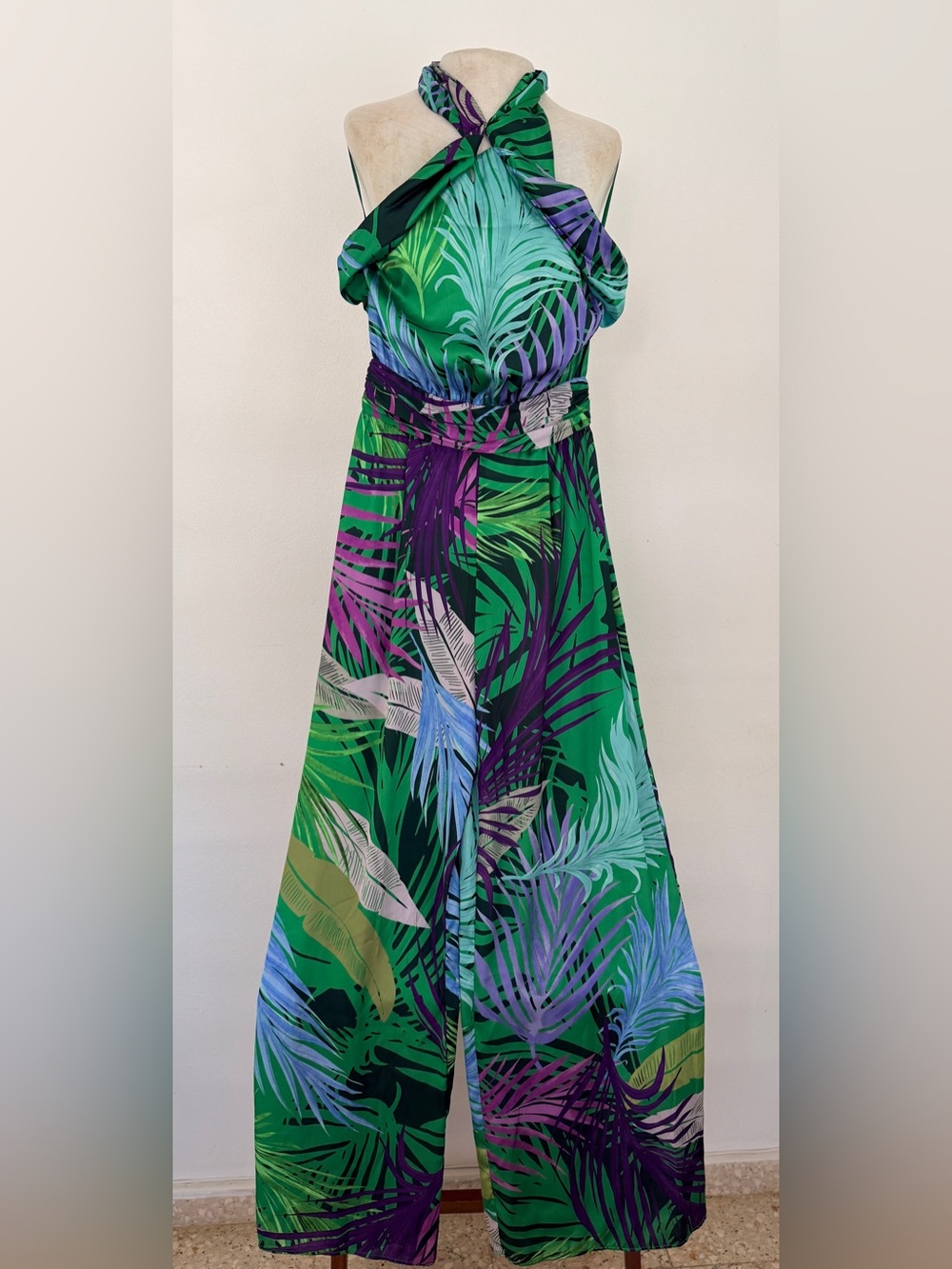 ZARA Satin Tropical Print Halter Jumpsuit Wide Leg Palazzo Size XS